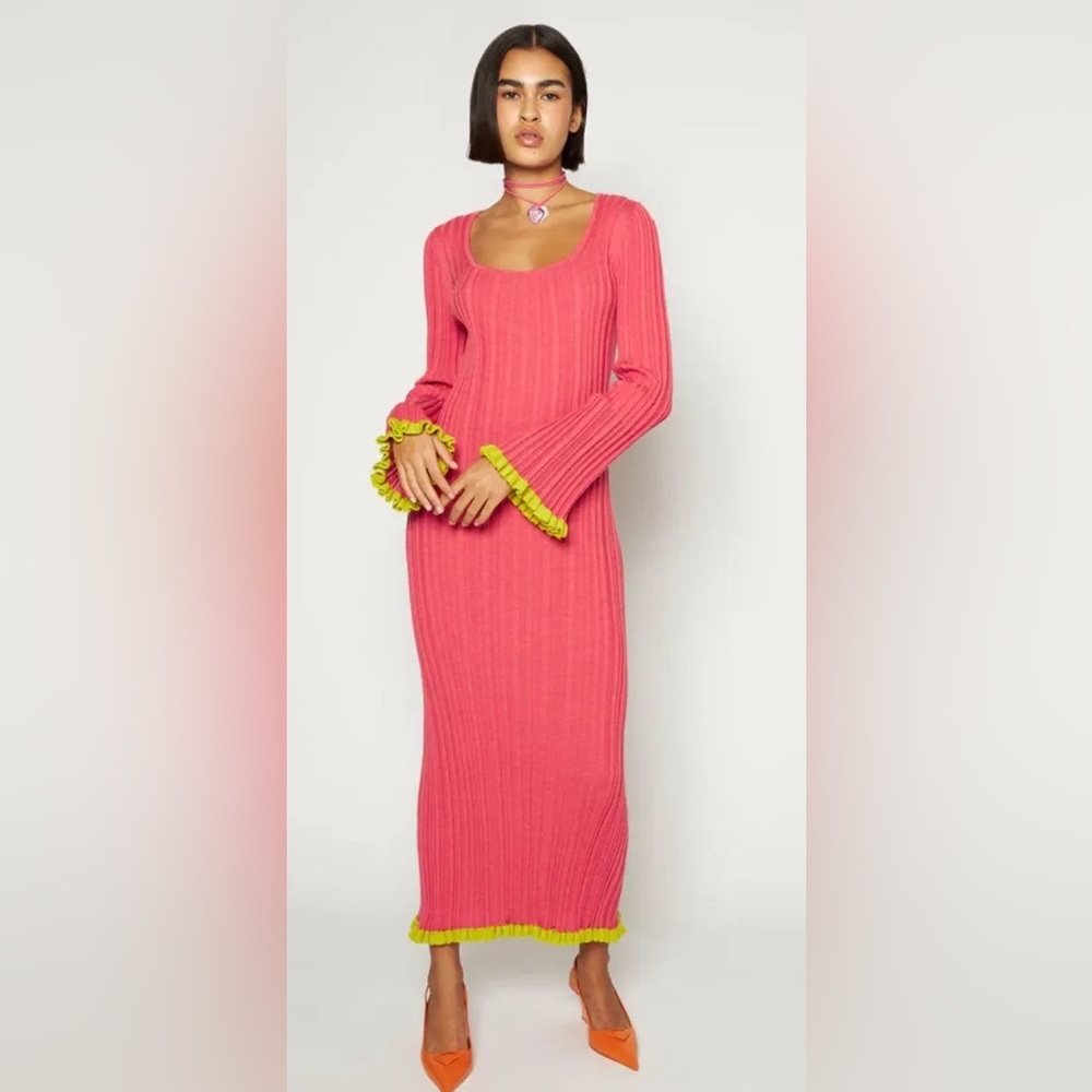 Mochi Ribbed Knit Ruffle Trim Dress - Picture 2 of 4